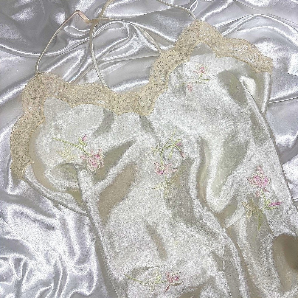y2k Josie Floral Embroidered Nightgown White  Lace Trim Satin Chemise
